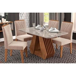 Conjunto: Mesa Sala Jantar Ágata Tampo Madeirado c/ Vidro 130X80 cm e 4 Cadeiras Nicole Madeirado/ Linho Bege - Cimol