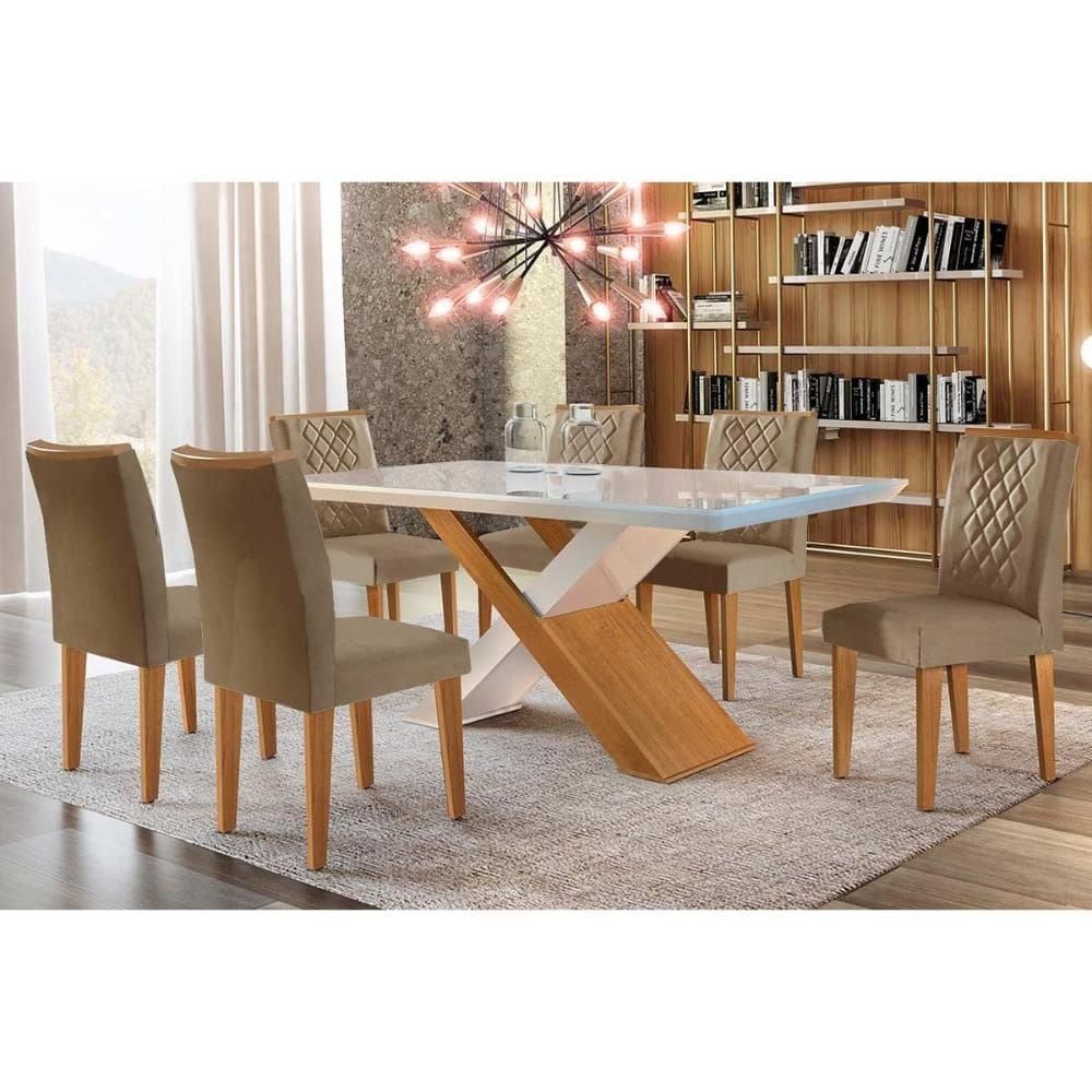 Conjunto: Mesa Sala Jantar Imperatriz Tampo Madeirado c/ Vidro Canto Curvo 180x90 e 6 Cadeiras Jade Imbuia/Off White - Suede Capuccino - Rufato