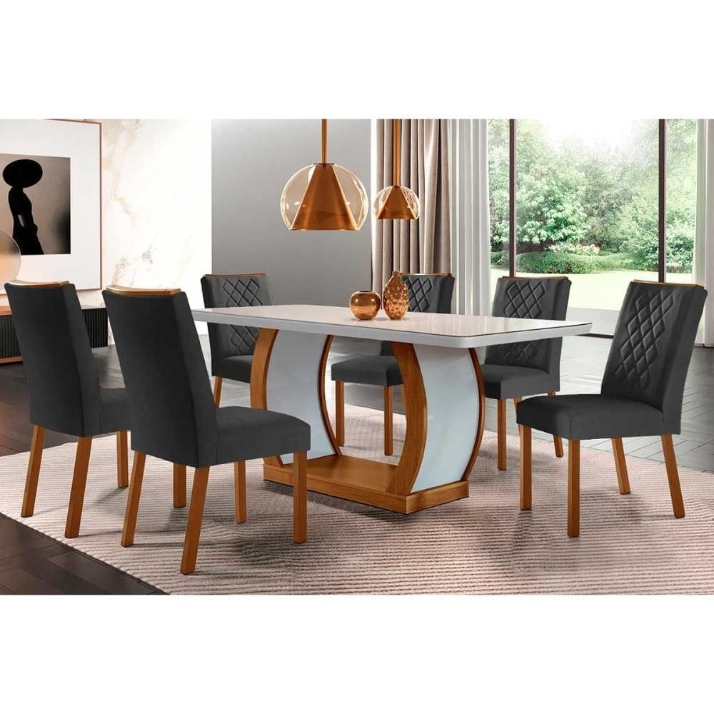 Conjunto: Mesa Sala Jantar Jade Tampo Madeirado c/ Vidro Canto Curvo 180x90 e 6 Cadeiras Jade Capuccino/Suede Grafite - Rufato