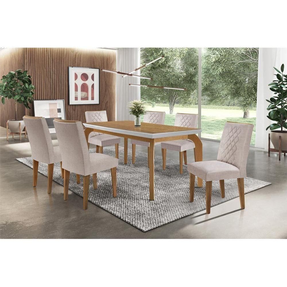 Conjunto: Mesa Sala Jantar Londrina Tampo Madeirado c/ Vidro 180x90cm e 6 Cadeiras Jade Capuccino/Linho Bege Turim - Rufato