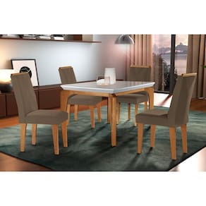 Conjunto: Mesa Sala Jantar Londrina c/ Tampo Madeirado c/ Vidro Canto Curvo 120x80cm e 4 cadeiras Amsterdã Imbuia/Off White - Suede Capuccino - Rufato