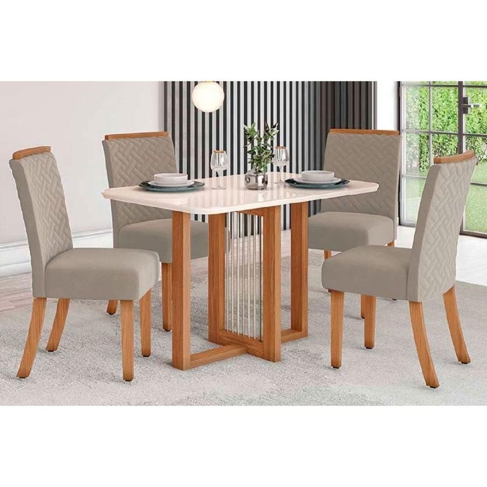 Conjunto: Mesa Sala Jantar Natalí c/ Tampo Madeirado c/ Vidro Curvo 120x80cm e 4 Cadeiras Malu Nature/Linho - Henn