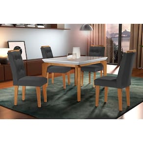 Conjunto: Mesa Sala Jantar Londrina c/ Tampo Madeirado c/ Vidro Canto Curvo 120x80cm e 4 cadeiras Imperatriz Imbuia/Off White - Suede Grafite - Rufato