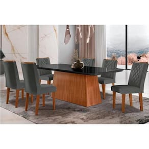 Conjunto: Mesa Sala Jantar Luna c/ Tampo de Vidro Canto Curvo 180x90cm e 6 cadeiras Jade Imbuia/Grafite - Suede Grafite - Rufato