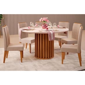 Conjunto: Mesa Sala Jantar Viena Tampo Madeirado c/ Vidro 136cm e 6 Cadeiras Lia Freijo/Off White - Suede Kraft - DJ Móveis