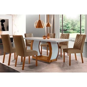 Conjunto: Mesa Sala Jantar Jade Tampo Madeirado c/ Vidro Canto Curvo 180x90 e 6 Cadeiras Jade Imbuia/Suede Capuccino - Rufato