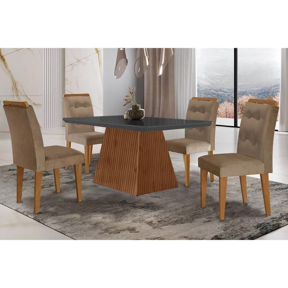 Conjunto: Mesa Sala Jantar Luna c/ Tampo Madeirado c/ Vidro Canto Curvo 120x80cm e 4 cadeiras Imperatriz Imbuia/Grafite - Suede Capuccino - Rufato