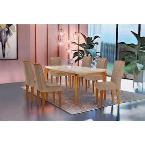 Conjunto: Mesa Sala Jantar Londrina Tampo Madeirado c/ Vidro Curvo 180x90cm e 6 Cadeiras Londrina Capuccino/Linho Bege Turim - Rufato