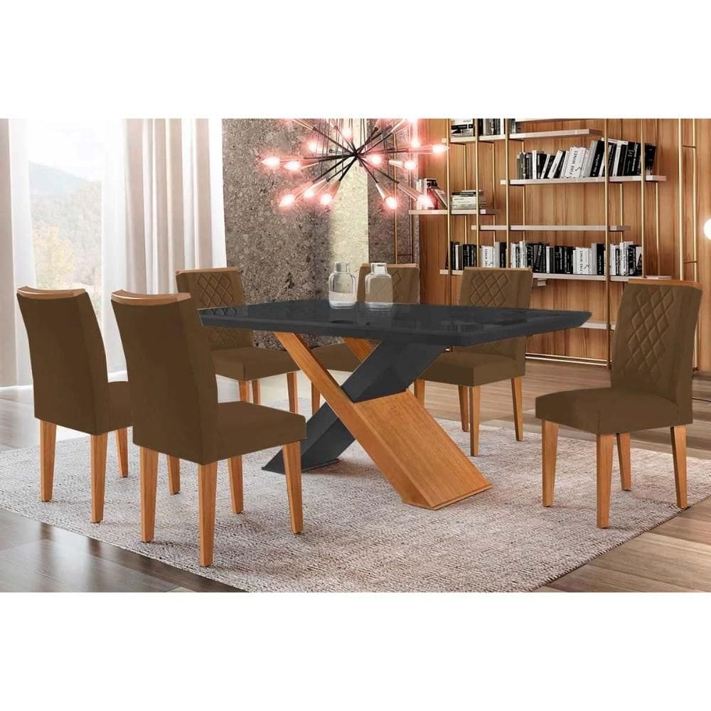 Conjunto: Mesa Sala Jantar Imperatriz Tampo Madeirado c/ Vidro Canto Curvo 180x90 e 6 Cadeiras Jade Imbuia/Grafite - Suede Marrom - Rufato