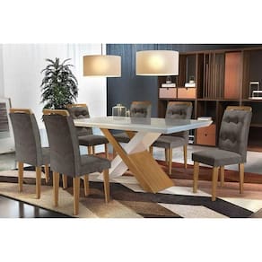 Conjunto: Mesa Sala Jantar Imperatriz Tampo Madeirado c/ Vidro Canto Curvo 180x90cm e 6 Cadeiras Imperatriz Imbuia/Grafite - Rufato
