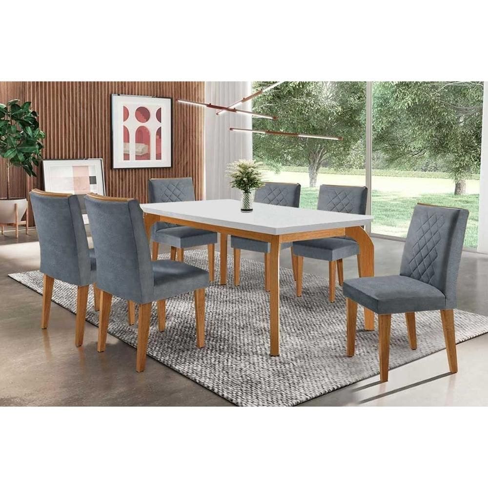 Conjunto: Mesa Sala Jantar Londrina c/ Tampo Madeirado Canto Reto 180x90cm e 6 cadeiras Jade Capuccino/Suede Grafite - Rufato