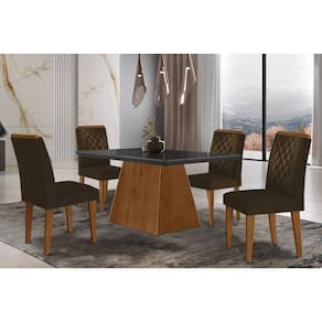 Conjunto: Mesa Sala Jantar Luna c/ Tampo Madeirado c/ Vidro Canto Curvo 120x80cm e 4 cadeiras Jade Imbuia/Grafite - Suede Marrom - Rufato