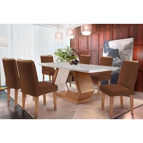 Conjunto: Mesa Sala Jantar Alvorada c/ Tampo Madeirado Canto Reto 180x90cm e 6 Cadeiras Jade Imbuia/Off White - Suede Marrom - Rufato