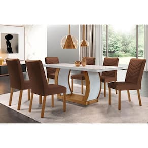Conjunto: Mesa Sala Jantar Jade Tampo Madeirado c/ Vidro Canto Curvo 180x90 e 6 Cadeiras Londrina Imbuia/Off White - Suede Marrom - Rufato