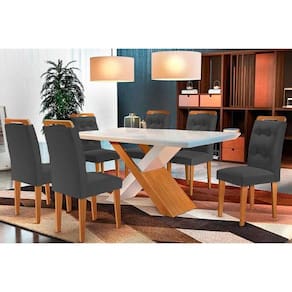 Kit 6 Cadeiras Sala Jantar Imperatriz Tampo Madeirado c/ Vidro Curvo 180x90 e 6 Cadeiras Imperatriz Capuccino/Suede Grafite - Rufato
