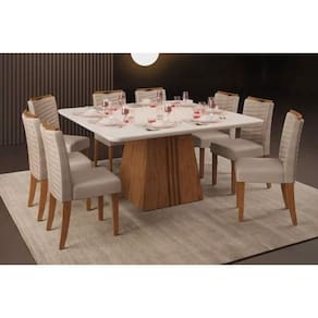 Cozinha Completa Itália Tampo Madeirado c/ Vidro Curvo 136x136cm e 8 Cadeiras Julia Freijo/Off White - Suede Kraft - DJ Móveis