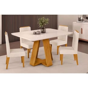 Cozinha Completa Celeste Tampo Madeirado c/ Vidro Curvo 120x90cm e 4 Cadeiras Lia Cedro/Off White - Linho Neve - DJ Móveis