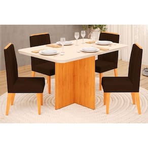 Conjunto: Mesa Sala Jantar Hera Tampo Madeirado c/ Vidro Reto 120x90cm e 4 Cadeiras Lia Cedro/Off White - Suede Moca - DJ Móveis