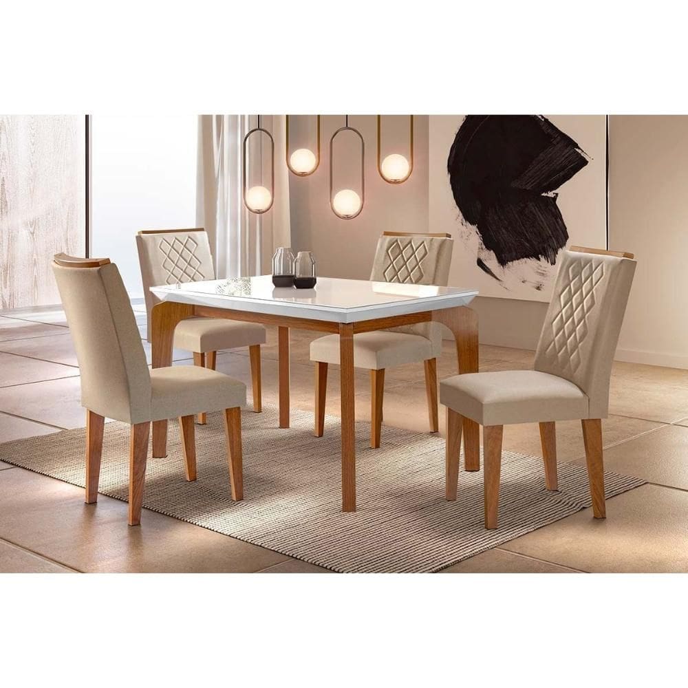 Conjunto: Mesa Sala Jantar Londrina c/ Tampo Madeirado c/ Vidro Canto Reto 120x80cm e 4 cadeiras Jade Imbuia/Off White - Suede Creme - Rufato