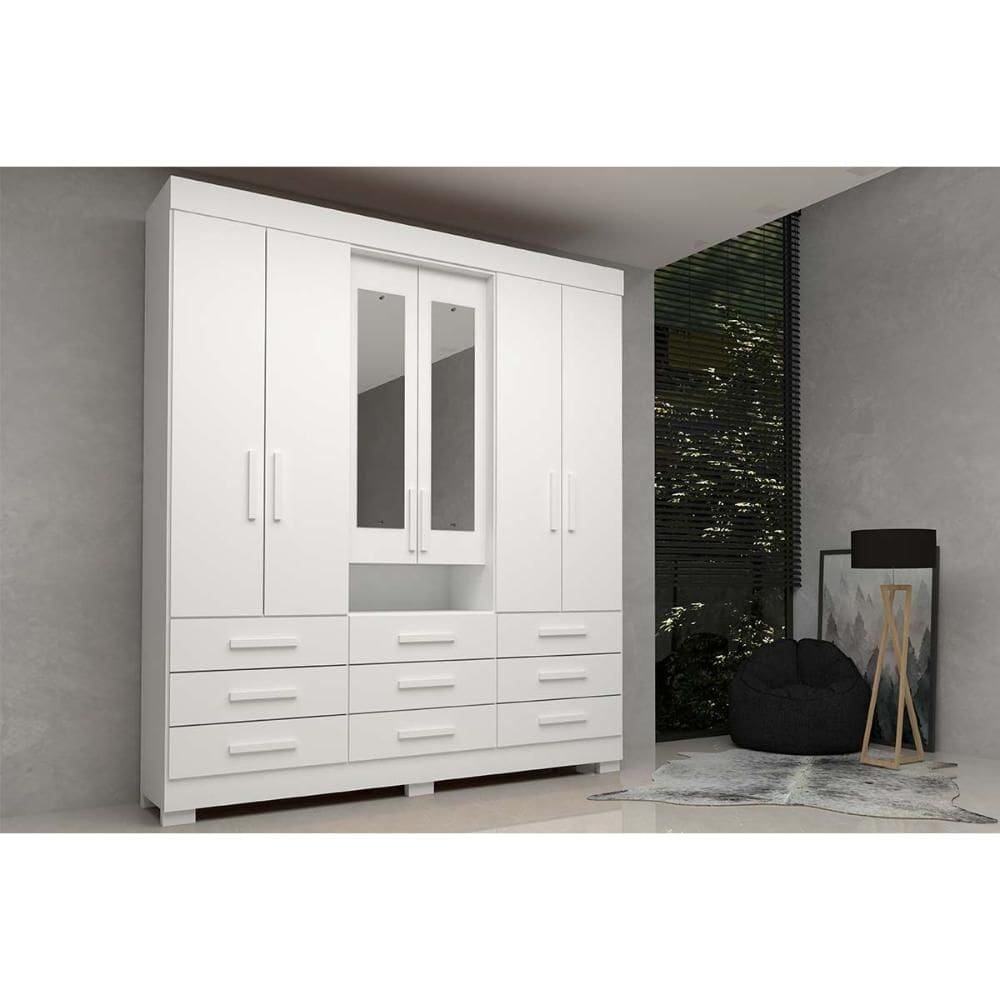Guarda Roupa 6 Portas (2 c/ Espelho) e 9 Gavetas Débora Branco - ACP