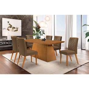 Conjunto: Mesa Sala Jantar Luna c/ Tampo Madeirado Canto Curvo 180x90cm e 6 cadeiras Jade Imbuia/Suede Capuccino - Rufato
