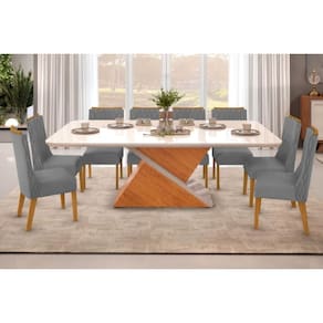 Conjunto: Mesa Sala Jantar Zafira Tampo Madeirado c/ Vidro Curvo 200x100cm e 8 Cadeiras Jade Cedro/Off White - Suede Lunar - DJ Móveis