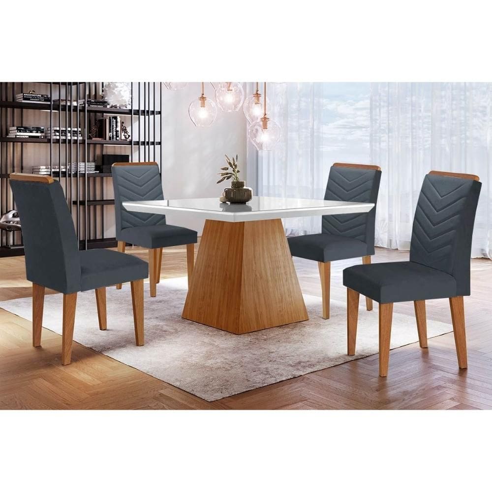 Conjunto: Mesa Sala Jantar Luna c/ Tampo Madeirado c/ Vidro Canto Curvo 90x90cm e 4 cadeiras Londrina Imbuia/Off White - Suede Grafite - Rufato