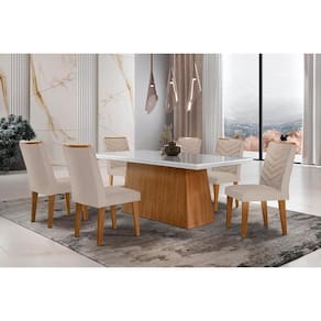 Conjunto: Mesa Sala Jantar Luna c/ Tampo de Vidro Canto Curvo 180x90cm e 6 cadeiras Londrina Imbuia/Off White - Suede Creme - Rufato