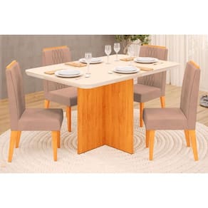 Conjunto: Mesa Sala Jantar Hera Tampo Madeirado c/ Vidro Reto 120x90cm e 4 Cadeiras Lia Cedro/Off White - Suede Kraft - DJ Móveis