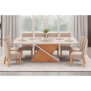 Conjunto: Mesa Sala Jantar Zafira Tampo Madeirado c/ Vidro Curvo 200x100cm e 8 Cadeiras Jade Off White - Freijo/Suede Kraft - DJ Móveis