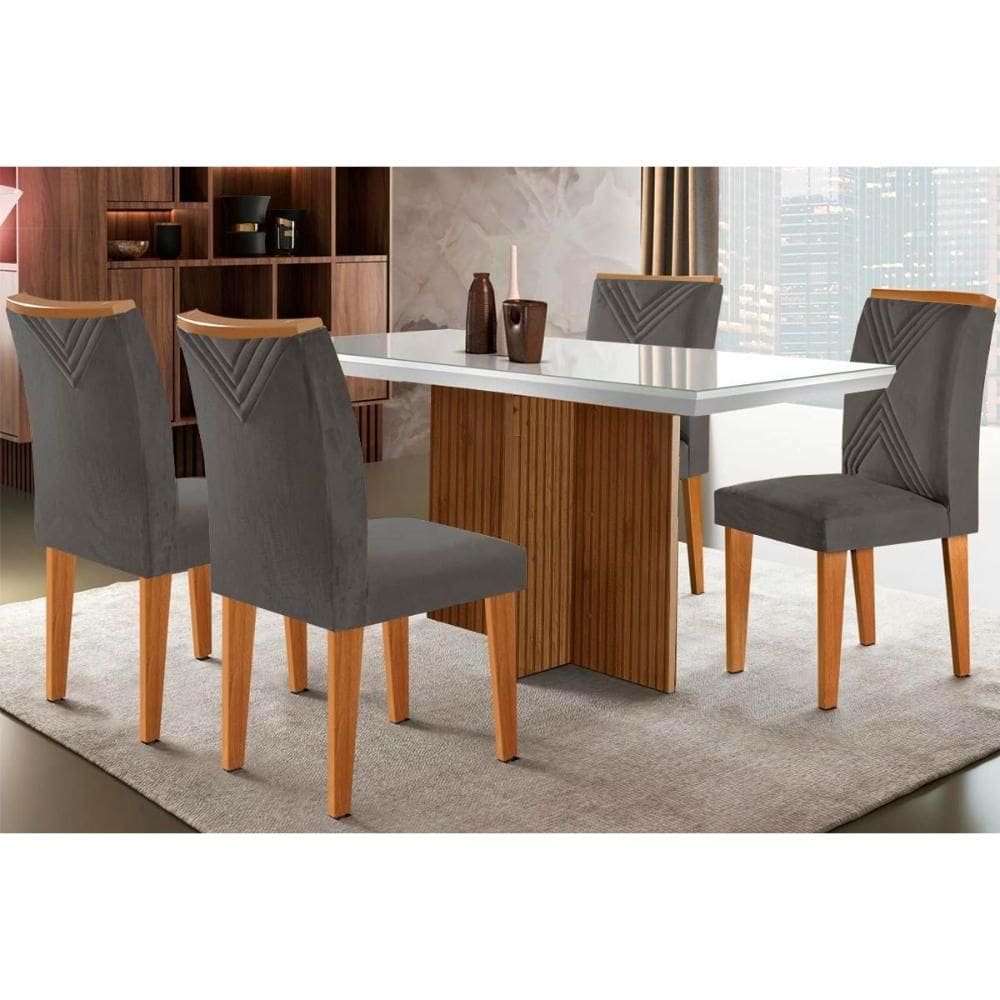 Conjunto: Mesa Sala Jantar Berlim c/ Tampo Madeirado c/ Vidro Canto Curvo 120x80cm e 4 Cadeiras Amsterdã Imbuia/Off White - Suede Grafite - Rufato