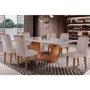 Conjunto: Mesa Sala Jantar Jade Tampo Madeirado c/ Vidro Curvo 180x90 e 6 Cadeiras Amsterdã Imbuia/Suede Creme - Rufato