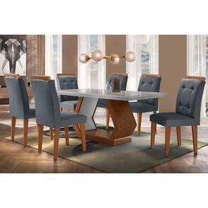 Conjunto: Mesa Sala Jantar Alvorada Tampo Madeirado c/ Vidro Canto Reto 180x90cm e 6 Cadeiras Imperatriz Imbuia/Off White - Suede Grafite - Rufato