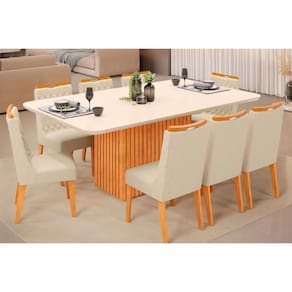 Sala de Jantar Completa Canes Tampo Madeirado c/ Vidro Curvo 200x100cm e 8 Cadeiras Bia Cedro/Off White - Linho Neve - DJ Móveis