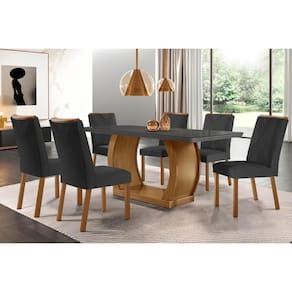 Conjunto: Mesa Sala Jantar Jade c/ Tampo Madeirado c/ Vidro Canto Curvo 180x90cm e 6 cadeiras Amsterdã Imbuia/Grafite - Linho Grafite - Rufato