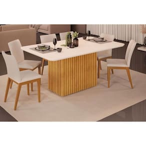 Conjunto: Mesa Sala Jantar Canes Tampo Madeirado c/ Vidro Curvo 170x90cm e 6 Cadeiras Vitória Cedro/Off White - Ipe/Linho Neve - DJ Móveis