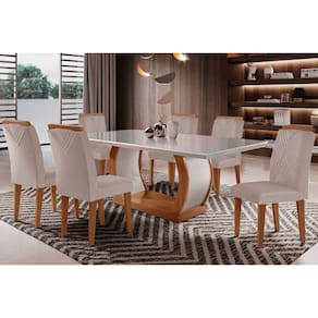 Conjunto: Mesa Sala Jantar Jade Tampo Madeirado c/ Vidro Curvo 180x90 e 6 Cadeiras Amsterdã Imbuia/Suede Creme - Rufato