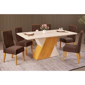 Conjunto: Mesa Sala Jantar Rubi Tampo Madeirado c/ Vidro Curvo 170x90cm e 6 Cadeiras Jade Cedro/Off White/Off White - Suede Moca - DJ Móveis