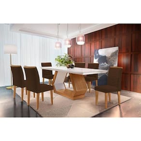 Conjunto: Mesa Sala Jantar Alvorada Tampo Madeirado c/ Vidro Canto Reto 180x90cm e 6 Cadeiras Londrina Imbuia/Off White - Suede Marrom - Rufato