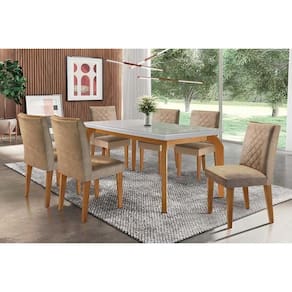Conjunto: Mesa Sala Jantar Londrina c/ Tampo Madeirado c/ Vidro Canto Curvo 180x90cm e 6 cadeiras Jade Imbuia/Off White - Suede Capuccino - Rufato