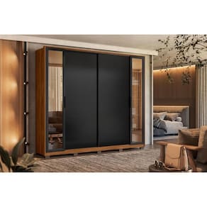 Guarda Roupa 4 Portas de Correr e 4 Gavetas c/ 2 Vidros Reflecta e Pés Laredo Flex Nogueira/Nogueira ou Preto - Demóbile