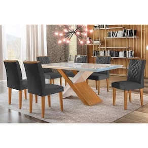 Conjunto: Mesa Sala Jantar Imperatriz Tampo Madeirado c/ Vidro Canto Curvo 180x90 e 6 Cadeiras Jade Imbuia/Off White - Suede Grafite - Rufato