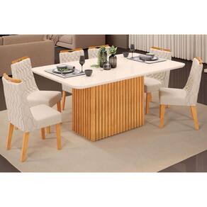 Sala de Jantar Completa Canes Tampo Madeirado c/ Vidro Curvo 170x90cm e 6 Cadeiras Bia Cedro/Off White - Linho Neve - DJ Móveis