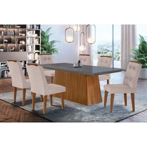 Conjunto: Mesa Sala Jantar Luna c/ Tampo de Vidro Canto Curvo 180x90cm e 6 cadeiras Imperatriz Imbuia/Grafite - Suede Creme - Rufato