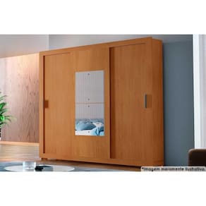 Guarda Roupa 3 Portas de Correr (1 c/ Espelho) e 4 Gavetas c/ Pés Veneza Premium Naturalle/Ripado 3D - Rufato