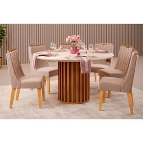 Cozinha Completa Viena Tampo Madeirado c/ Vidro 136cm e 6 Cadeiras Bia Freijo/Off White - Suede Kraft - DJ Móveis