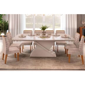 Conjunto: Mesa Sala Jantar Zafira Tampo Madeirado c/ Vidro Curvo 200x100cm e 8 Cadeiras Ondina Off White - Freijo/Suede Kraft - DJ Móveis