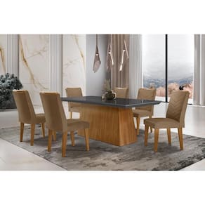 Conjunto: Mesa Sala Jantar Luna c/ Tampo de Vidro Canto Curvo 180x90cm e 6 cadeiras Londrina Imbuia/Grafite - Suede Capuccino - Rufato