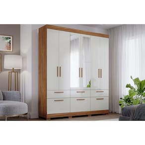 Guarda Roupa 6 Portas (2 c/ Espelho) e 5 Gavetas Porto Cinamomo/Off White - Panan