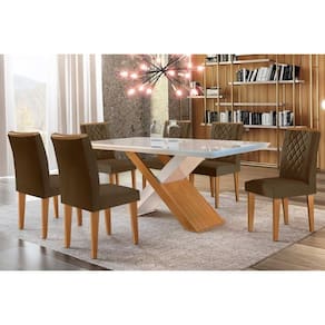 Conjunto: Mesa Sala Jantar Imperatriz Tampo Madeirado c/ Vidro Canto Curvo 180x90 e 6 Cadeiras Jade Imbuia/Off White - Suede Marrom - Rufato